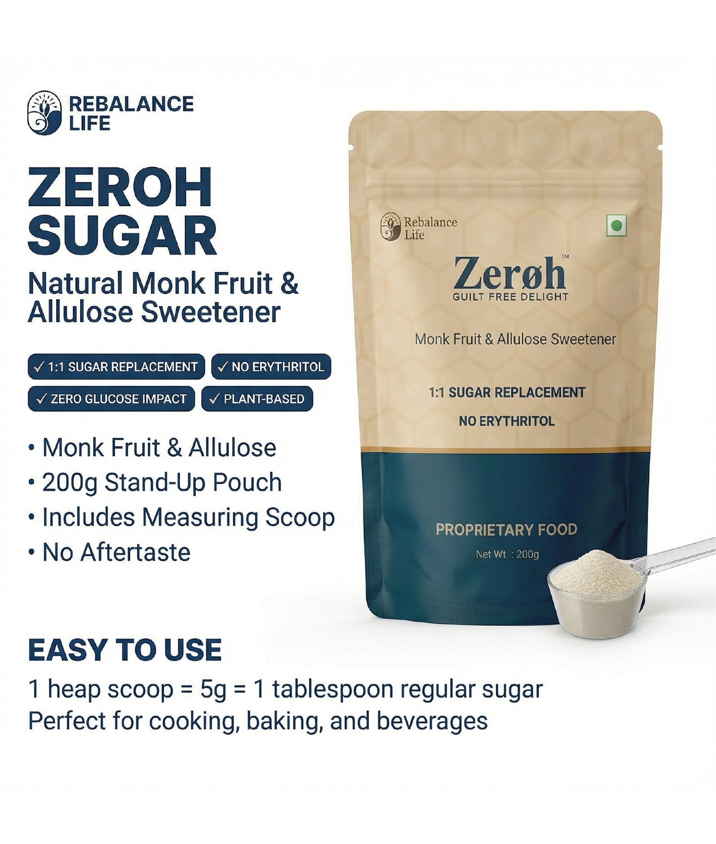 Zeroh Sugar | Monk Fruit & Allulose Sweetener | No Erythritol | Clinically Tested | 200g