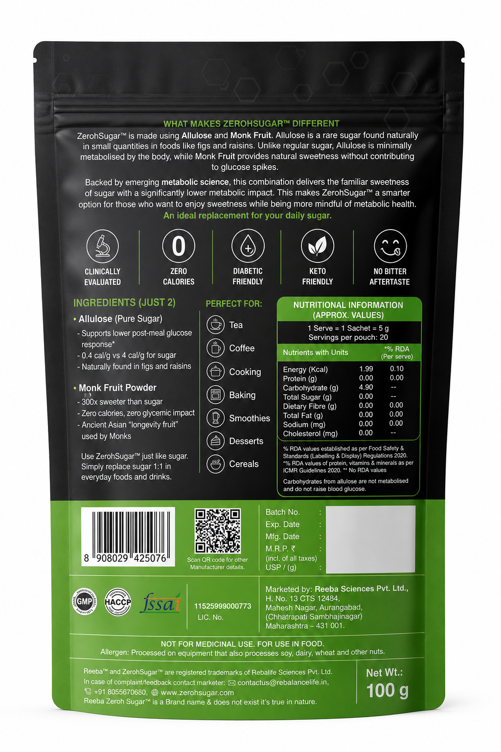 Zeroh Sugar | Monk Fruit & Allulose Sweetener | No Erythritol | Clinically Tested | 100g