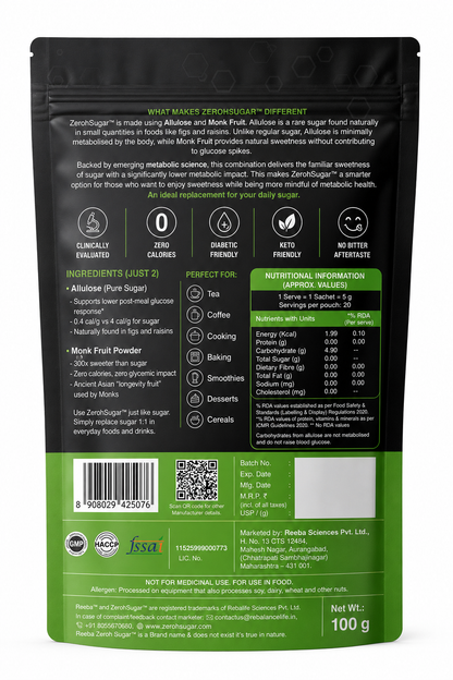 Zeroh Sugar | Monk Fruit & Allulose Sweetener | No Erythritol | Clinically Tested | 100g
