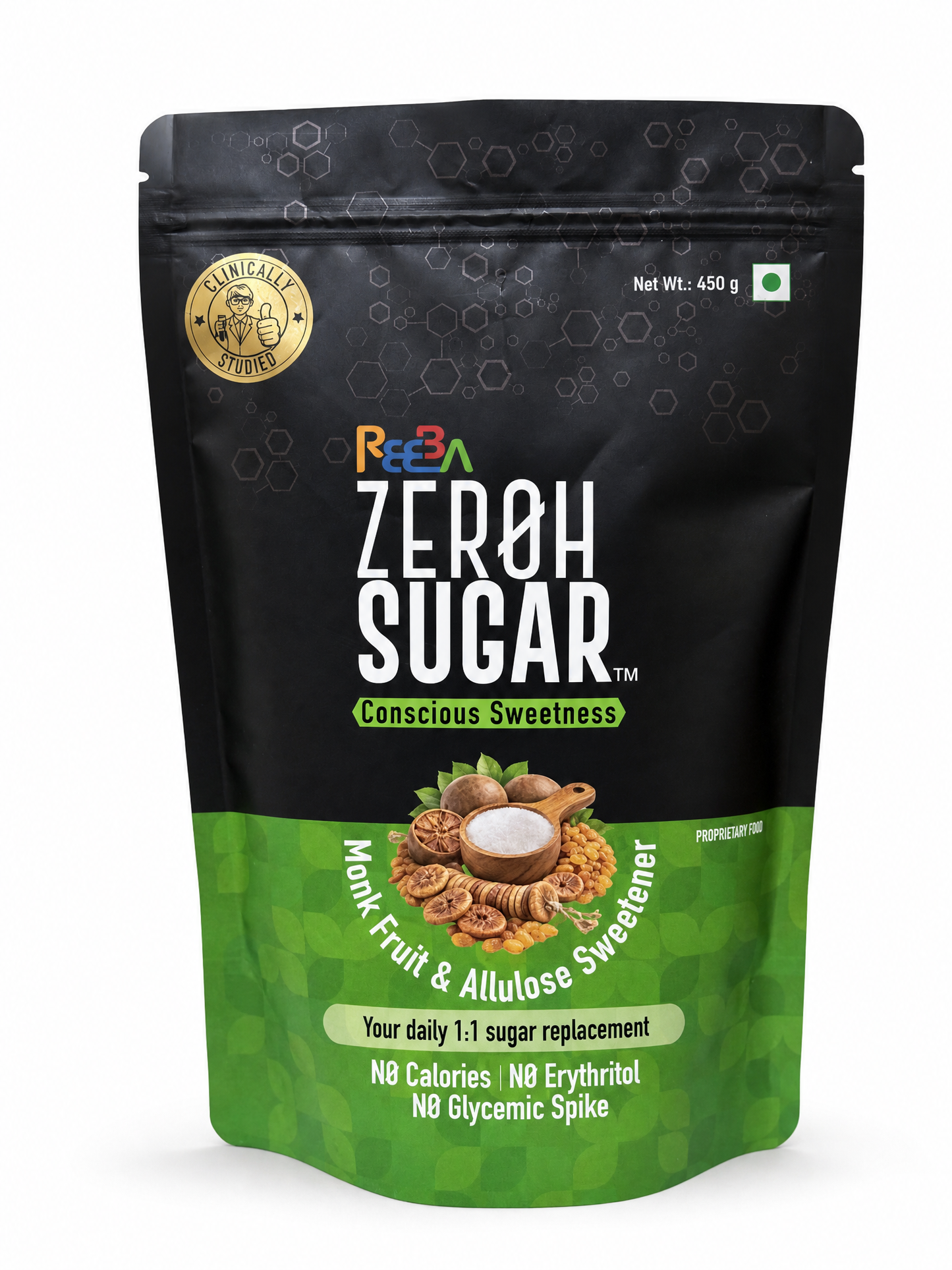Zeroh Sugar | Monk Fruit & Allulose Sweetener | No Erythritol | Clinically Tested | 450g