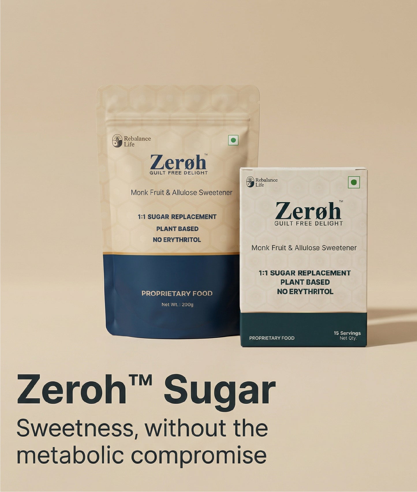 Zeroh Sugar Sachets | Monk Fruit & Allulose  | No Erythritol | On-the-Go | Clinically Tested | 15×5g