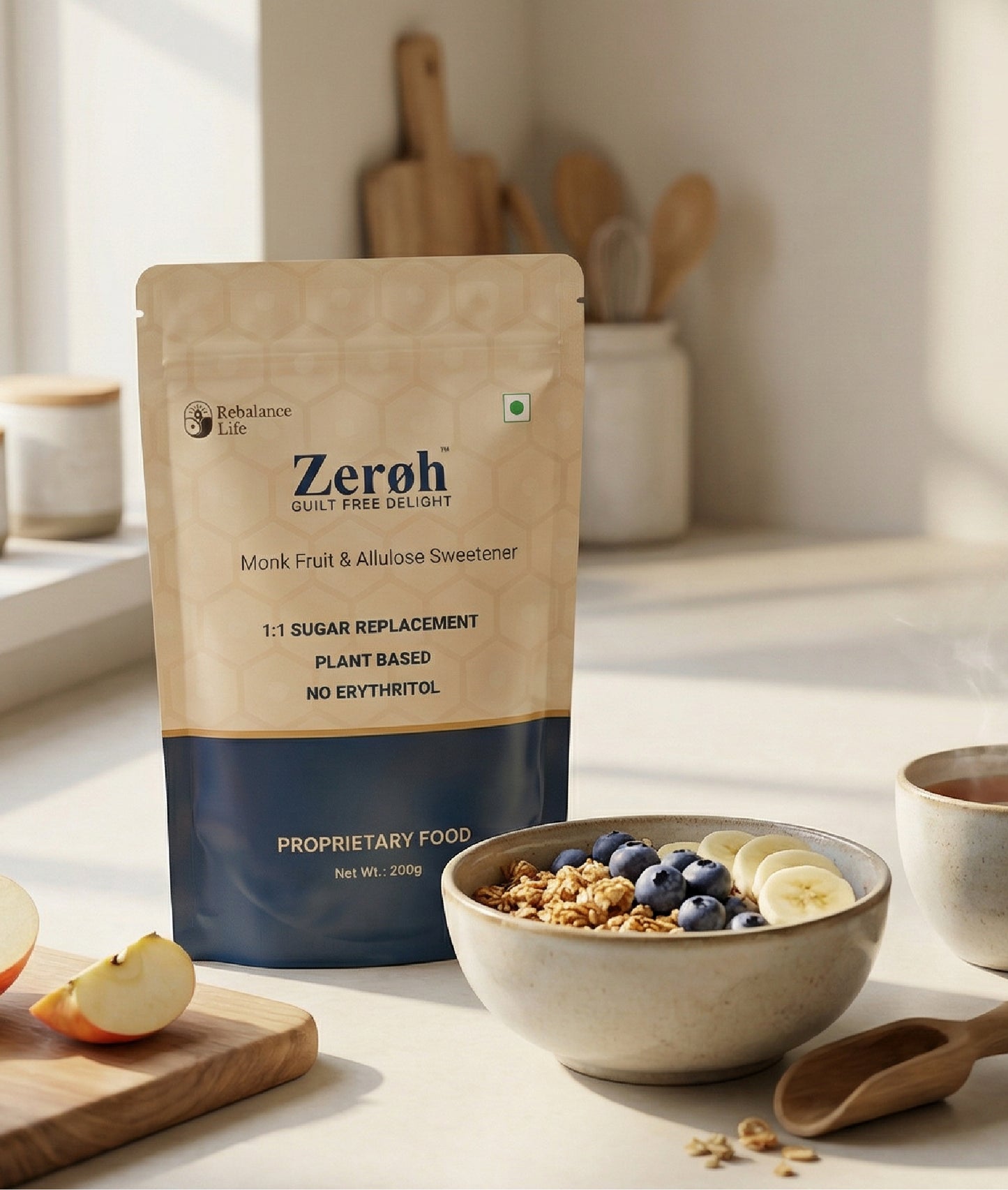 Zeroh Sugar | Monk Fruit & Allulose Sweetener | No Erythritol | Clinically Tested | 200g