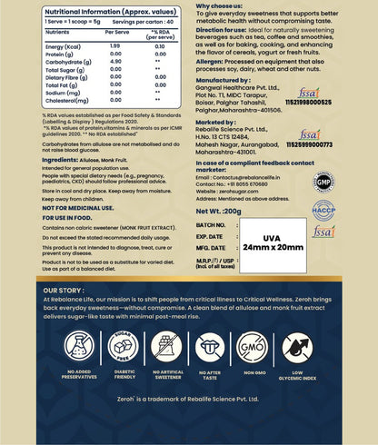 Zeroh Sugar | Monk Fruit & Allulose Sweetener | No Erythritol | Clinically Tested | 200g