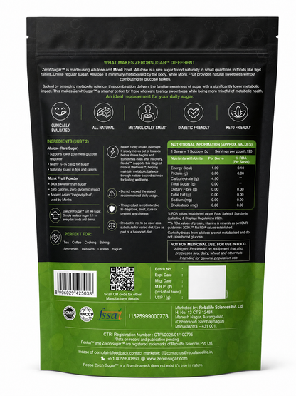 Zeroh Sugar | Monk Fruit & Allulose Sweetener | No Erythritol | Clinically Tested | 950g