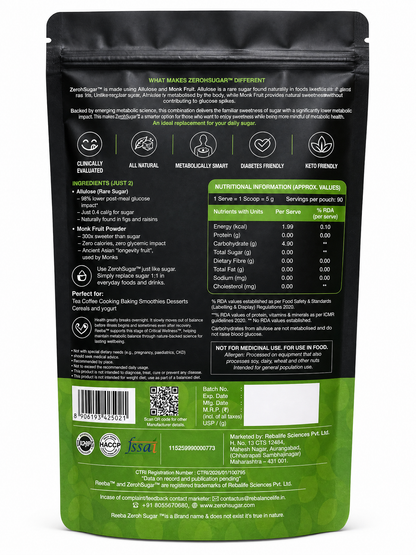 Zeroh Sugar | Monk Fruit & Allulose Sweetener | No Erythritol | Clinically Tested | 450g