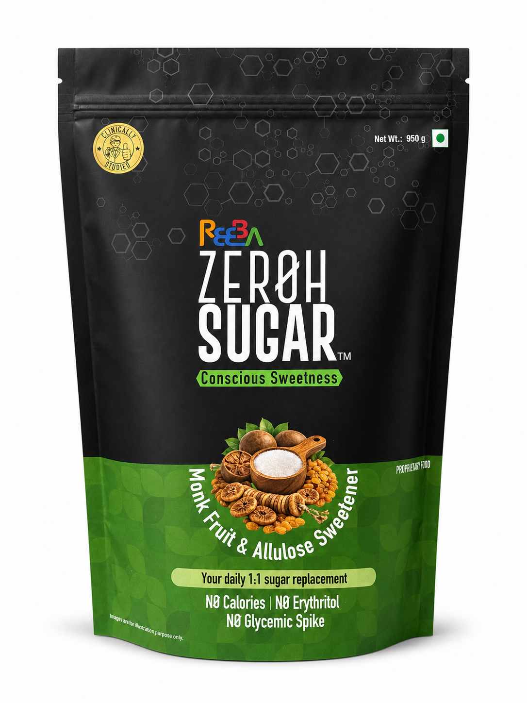 Zeroh Sugar | Monk Fruit & Allulose Sweetener | No Erythritol | Clinically Tested | 950g