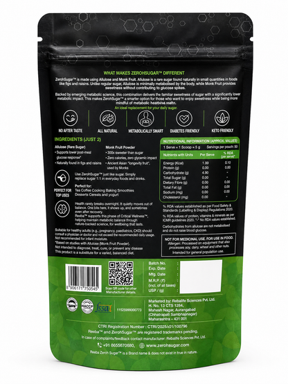 Zeroh Sugar | Monk Fruit & Allulose Sweetener | No Erythritol | Clinically Tested | 250g