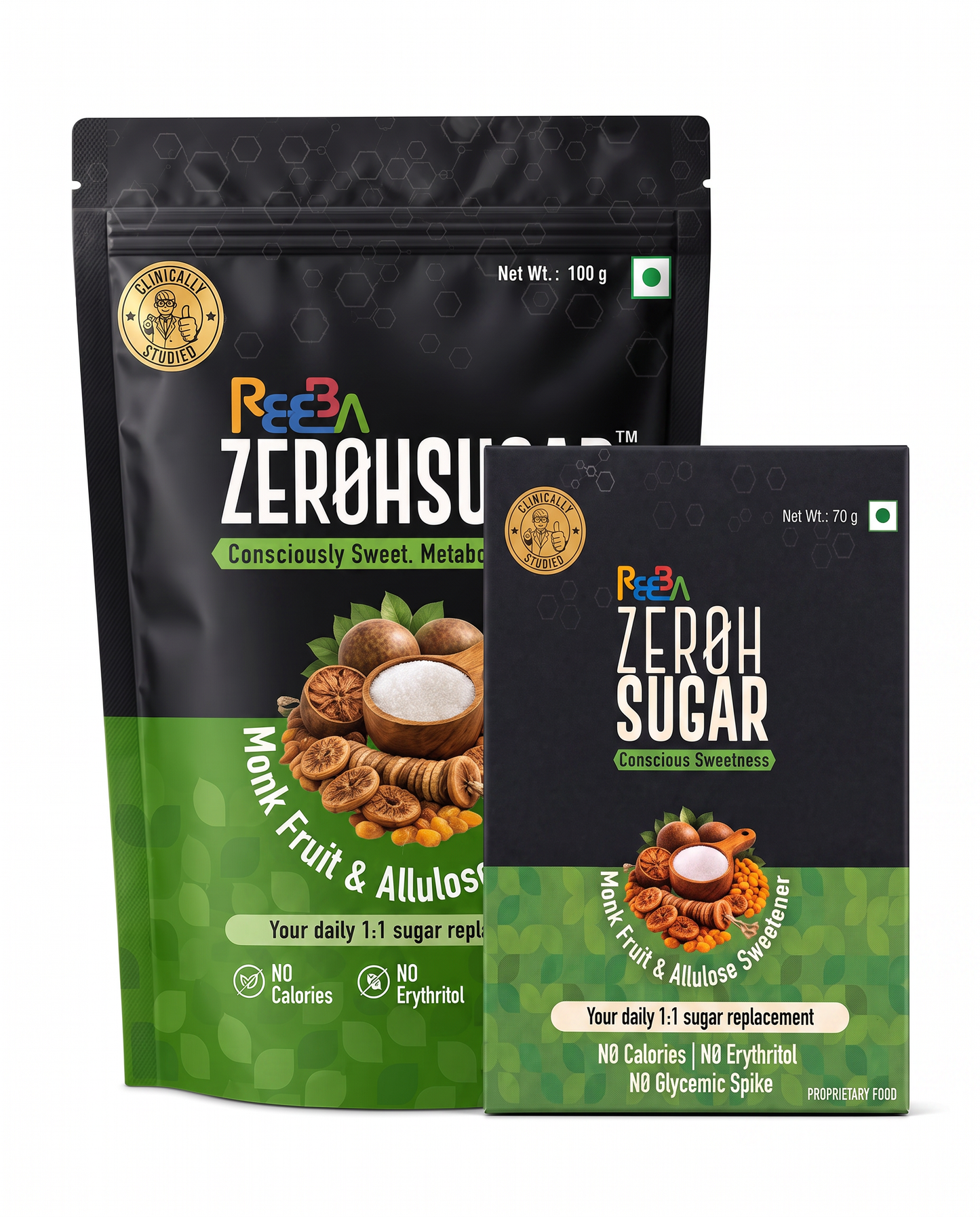 Zeroh Sugar Trial Combo | 100g + 14 Sachets | Monk Fruit & Allulose | 1:1 Sugar Replacement | No Erythritol, No Stevia | Zero Calorie Sweetener for Tea, Coffee, Baking, Desserts & Mithai