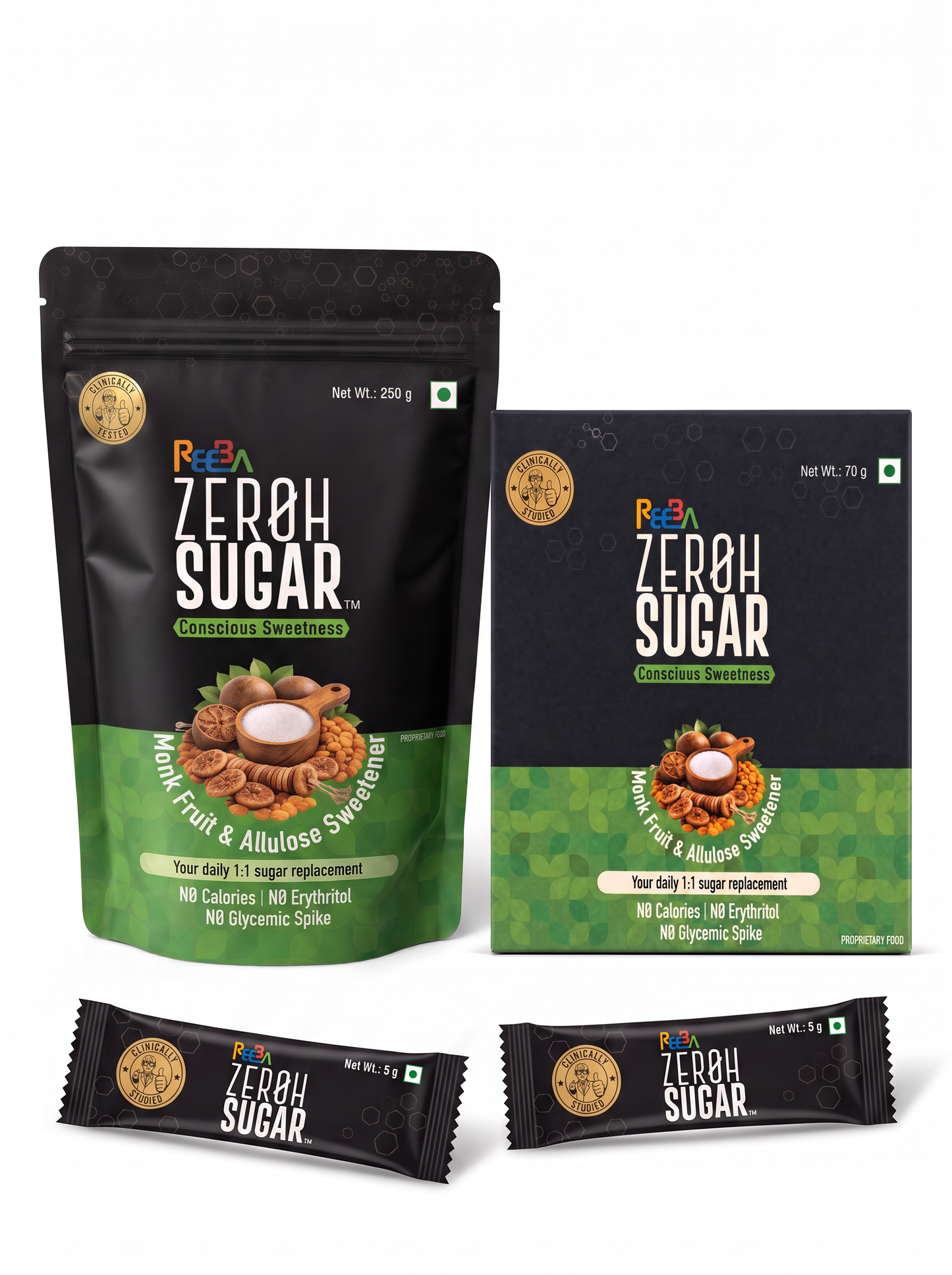 Zeroh Sugar Value Combo | 250g + 28 Sachets | Monk Fruit & Allulose | 1:1 Sugar Replacement | No Erythritol, No Stevia | Zero Calorie Sweetener for Tea, Coffee, Baking, Desserts & Mithai (Copy)