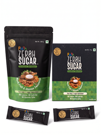 Zeroh Sugar Value Combo | 250g + 28 Sachets | Monk Fruit & Allulose | 1:1 Sugar Replacement | No Erythritol, No Stevia | Zero Calorie Sweetener for Tea, Coffee, Baking, Desserts & Mithai (Copy)