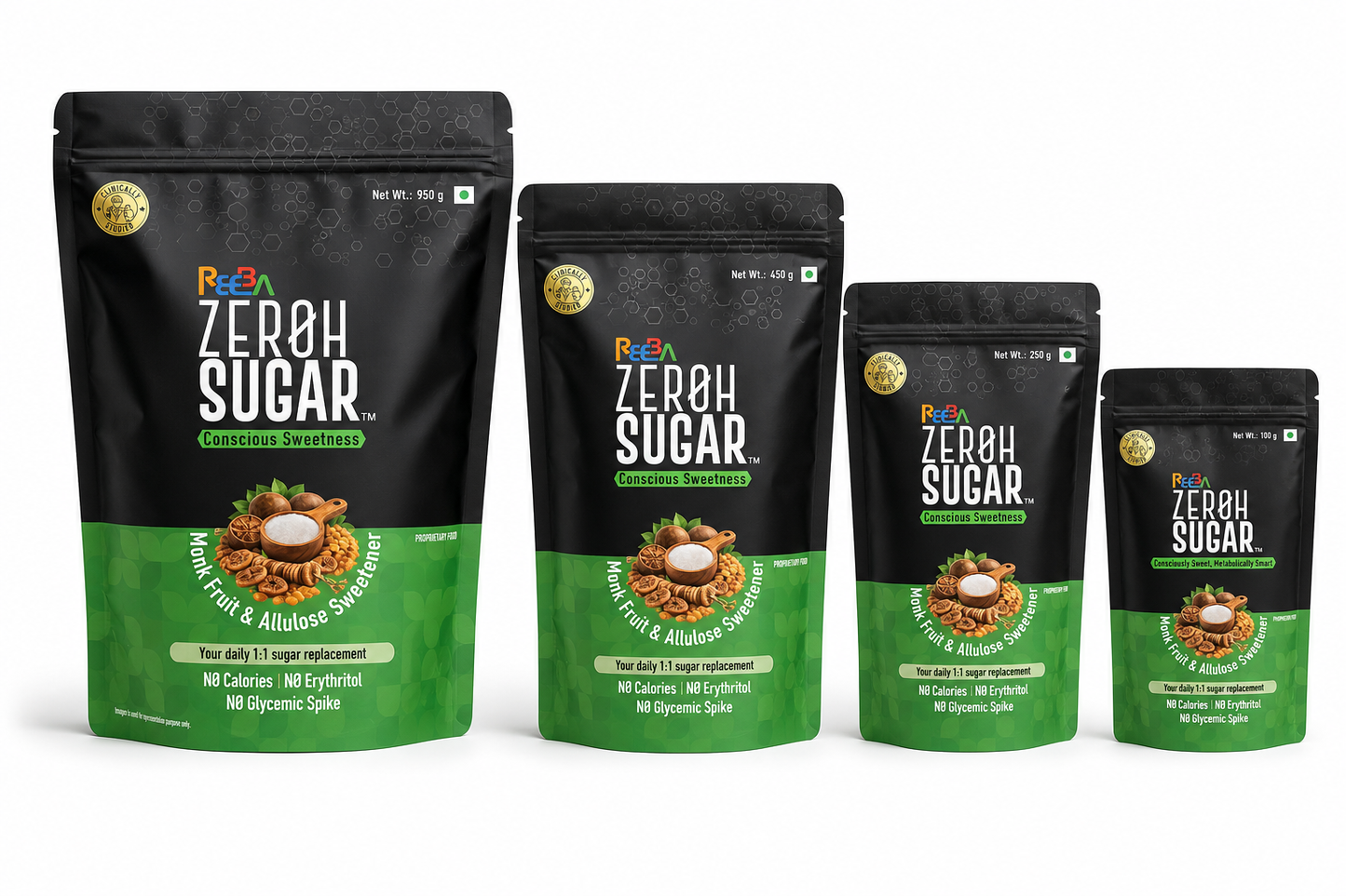 Zeroh Sugar | Monk Fruit & Allulose Sweetener | No Erythritol | Clinically Tested | 250g