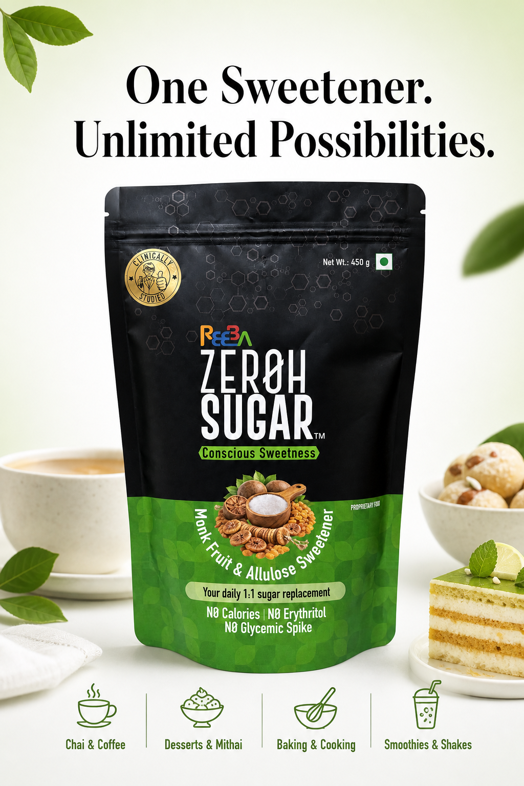 Zeroh Sugar | Monk Fruit & Allulose Sweetener | No Erythritol | Clinically Tested | 450g